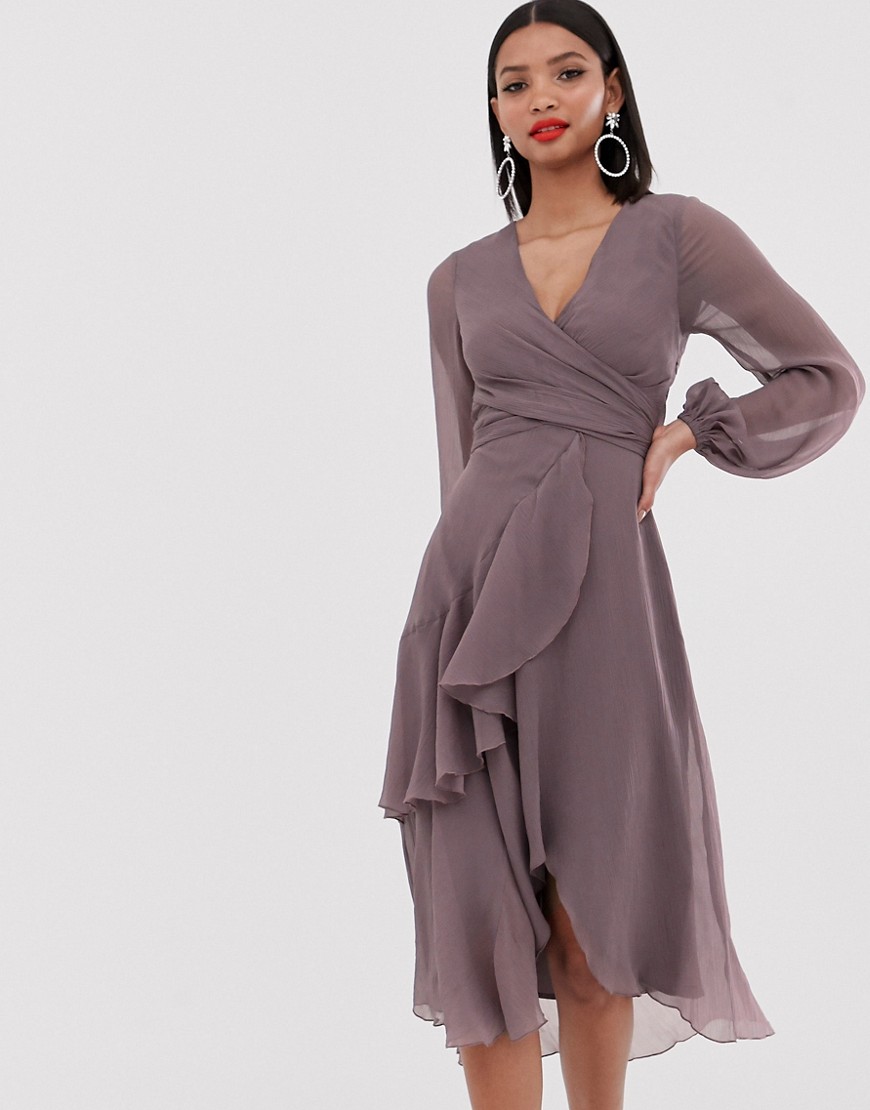ASOS DESIGN - Mini-jurk met overslag in de taille, dubbellaagse rok en lange mouwen-Multi