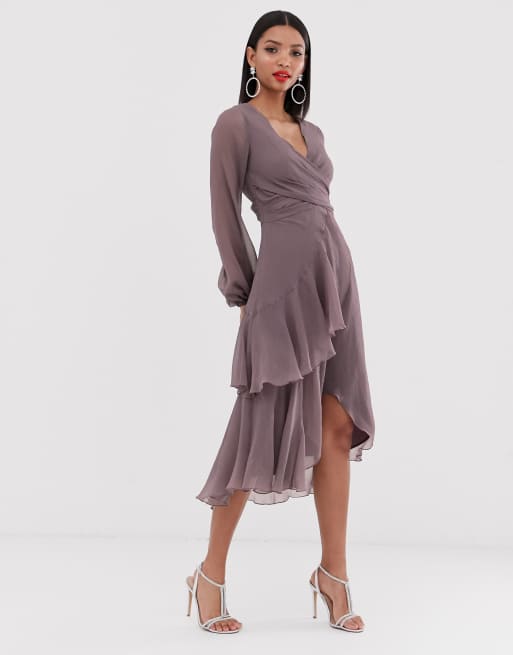 ASOS DESIGN - Mini-jurk met overslag in de taille, dubbellaagse rok en lange mouwen, 4 van 4