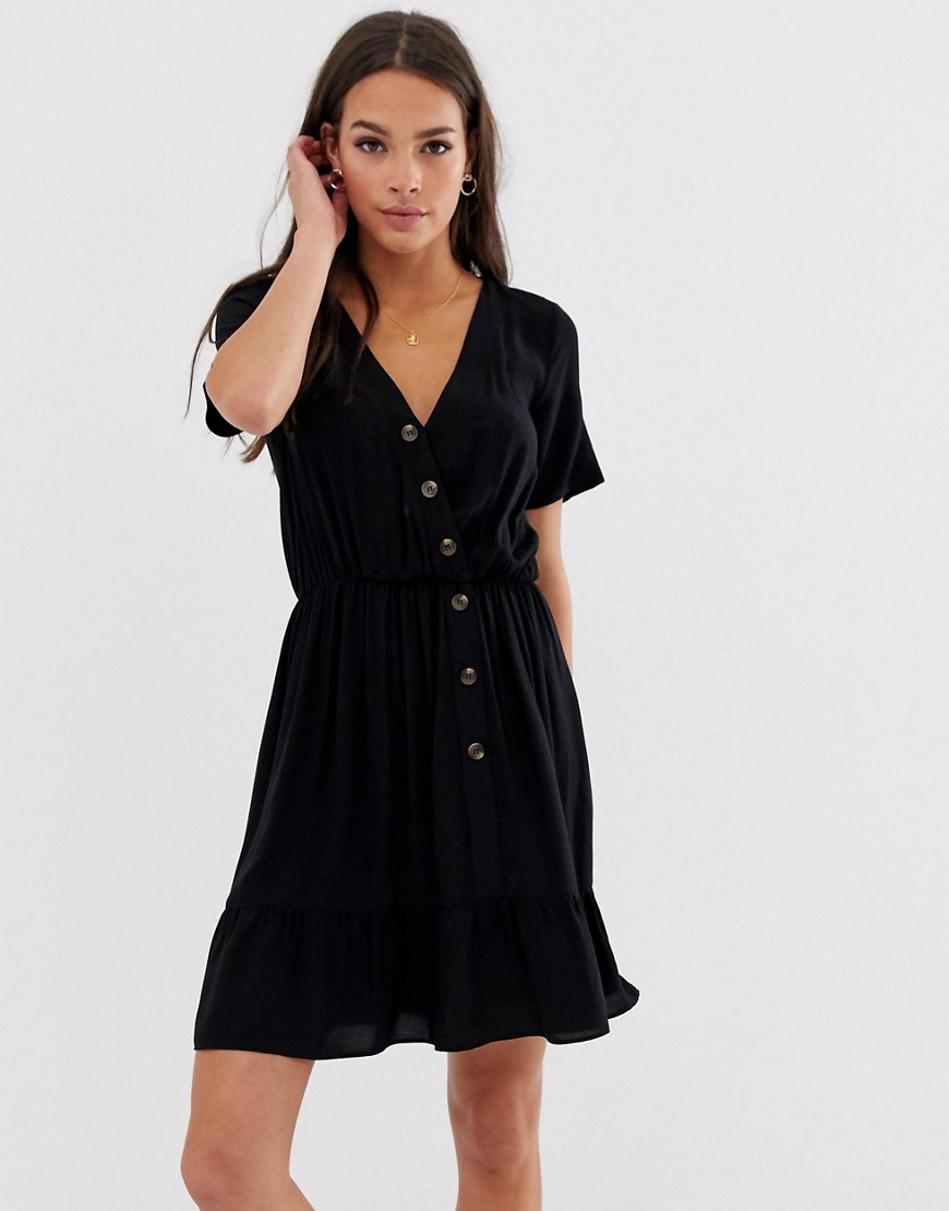 ASOS DESIGN - Mini-jurk met overslag, strook en knopen vooraan-Zwart