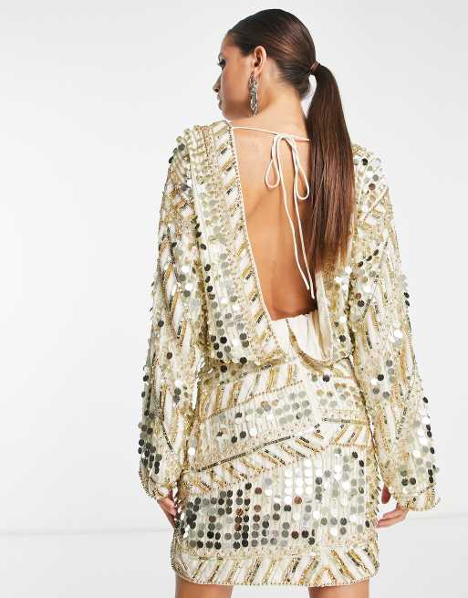 ASOS DESIGN - Mini-jurk met patchwork, versiering en detail aan de taille in goud, 2 van 4