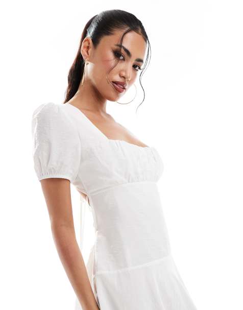 ASOS DESIGN - Mini jurk met pofmouwen en open gestrikte achterkant in wit - view 1