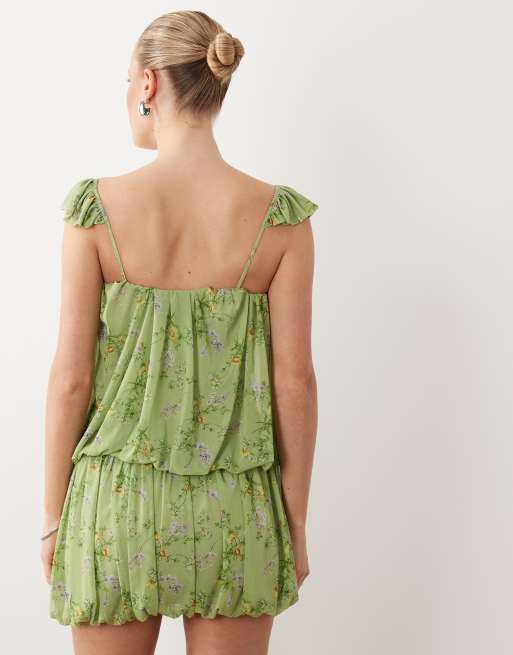 ASOS DESIGN - Mini-jurk met pofzoom en bloemenprint in groen, 4 van 4