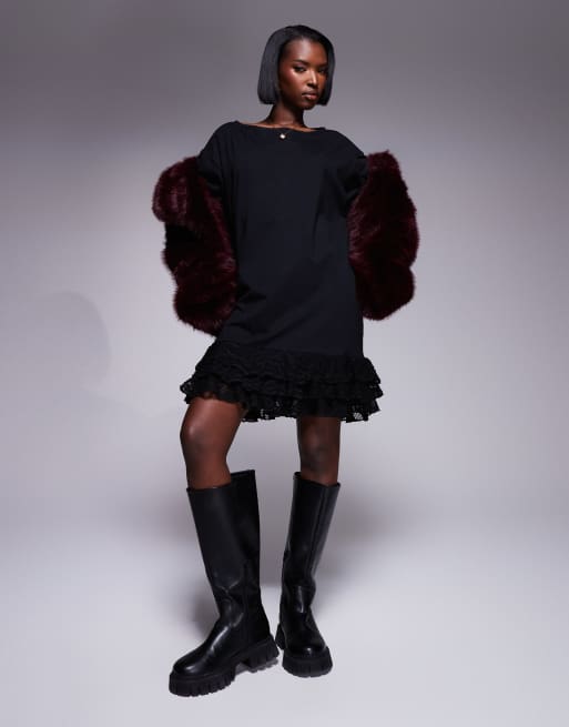ASOS DESIGN - Mini jurk met rechte hals en rok van kant in zwart, 2 van 4
