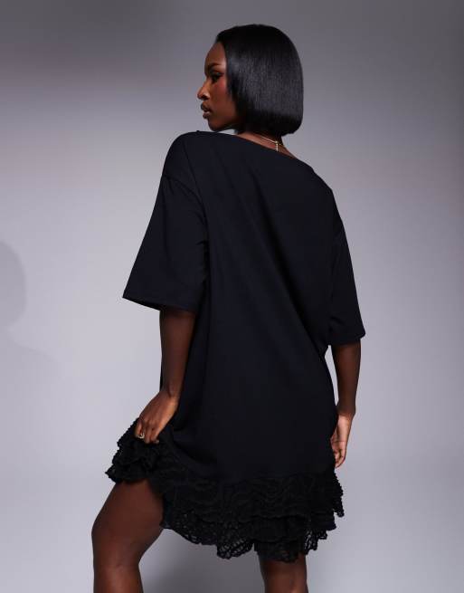 ASOS DESIGN - Mini jurk met rechte hals en rok van kant in zwart, 4 van 4