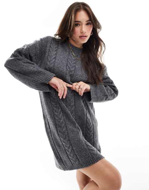 ASOS DESIGN - Mini jurk met ronde hals en kabels in donkergrijs - view 1