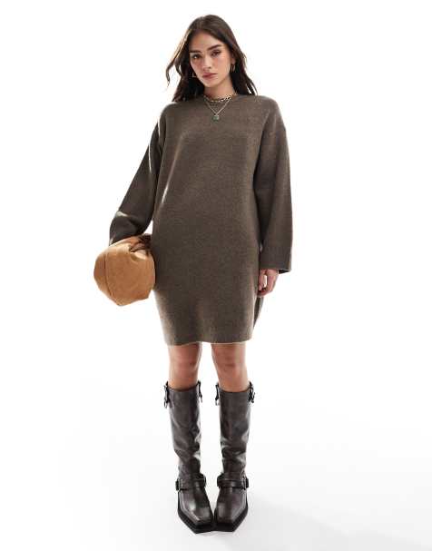 ASOS DESIGN - Mini-jurk met ronde hals en wijde manchetten in mokka - view 1