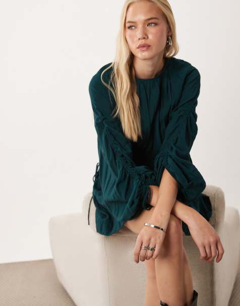 ASOS DESIGN - Mini jurk met ronde hals, gerimpelde taille en blousonmouwen in diep groenblauw - view 1