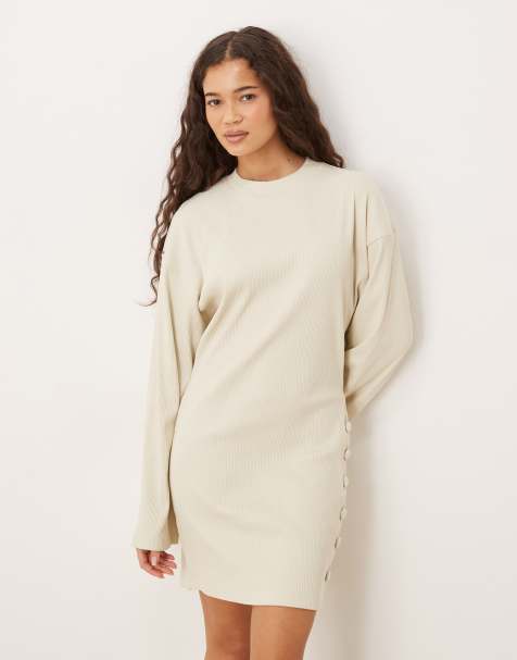 ASOS DESIGN - Mini jurk met ronde hals, knoopdetail en brede ribbels in beige - view 1