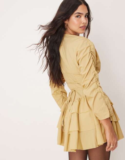 ASOS DESIGN - Mini-jurk met ruches en gestrikte taille in lichtgeel, 3 van 4