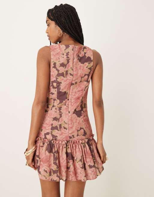 ASOS DESIGN - Mini jurk met schuine hals en lage taille in roze bloemen, 4 van 4