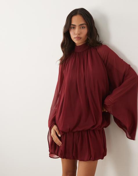 ASOS DESIGN mini-jurk met strik in de hals en pofrok in berry - view 1