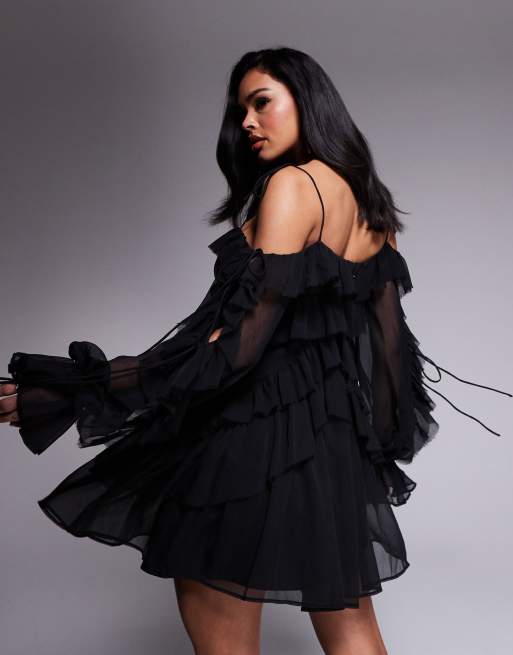 ASOS DESIGN - Mini jurk met stroken, ruches en blote schouders in zwart, 4 van 4