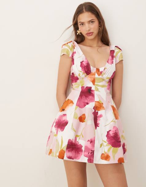 ASOS DESIGN - Mini jurk met structuur, bustenaden en kapmouwtjes in levendige abstracte print - view 1