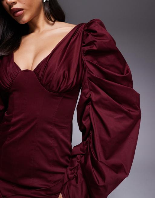 ASOS DESIGN - Mini-jurk met structuur, volumineuze mouwen en geplooide rok in moerbeirood, 2 van 4