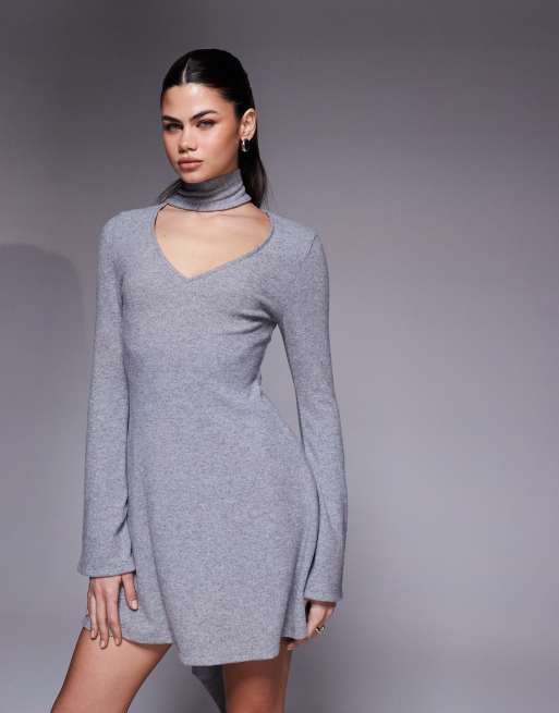 ASOS DESIGN - Mini jurk met uitlopende mouwen en sjaaldetail in gemêleerd grijs, 2 van 4