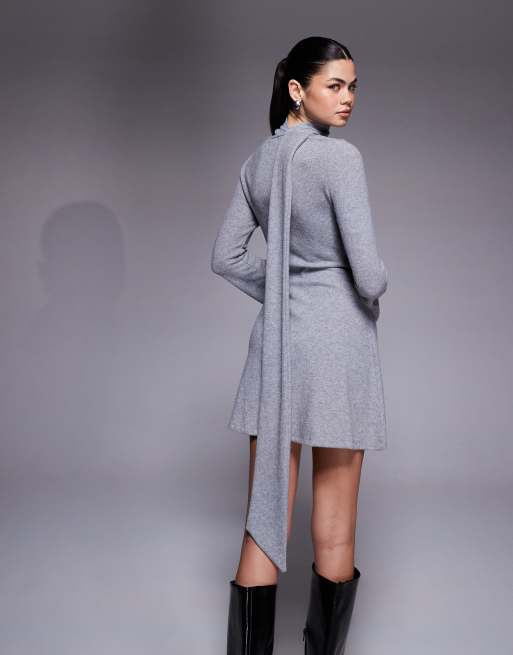 ASOS DESIGN - Mini jurk met uitlopende mouwen en sjaaldetail in gemêleerd grijs, 3 van 4