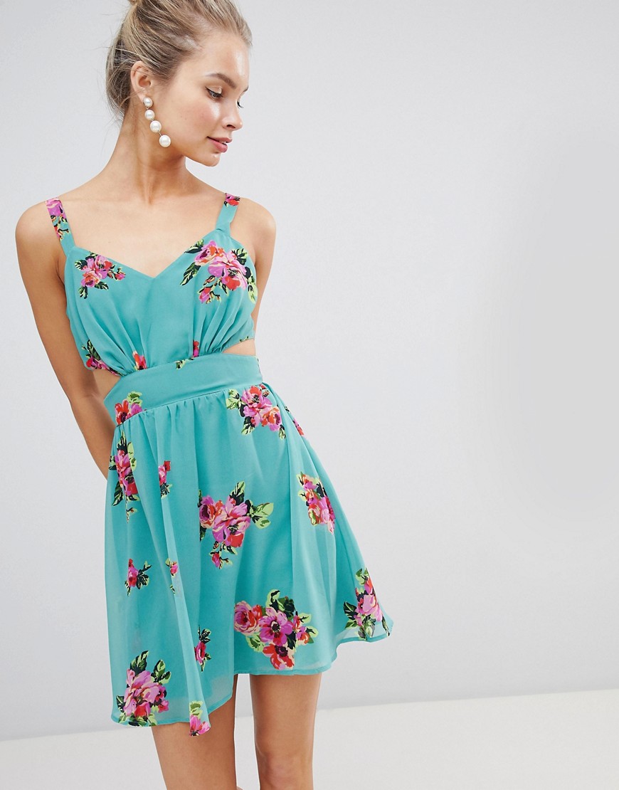 ASOS DESIGN - Mini-jurk met uitsnijding en groene bloemenprint-Multi