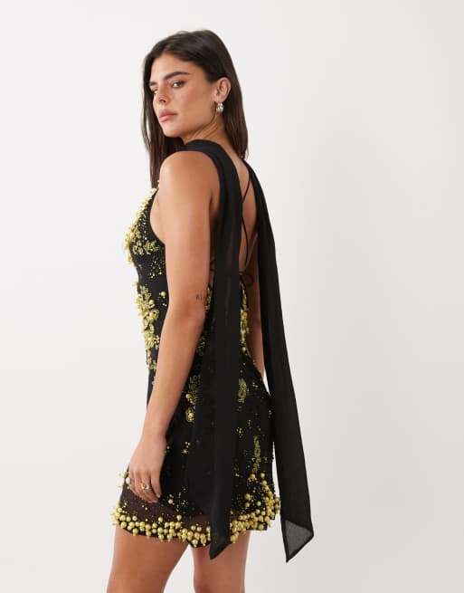 ASOS DESIGN mini jurk met V-hals, bloemenprint en versiering met sjaal, 2 van 4