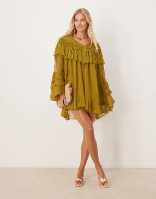 ASOS DESIGN - Mini-jurk met V-hals, macramé en ruches aan de mouwen in olijfgroenM - view 1