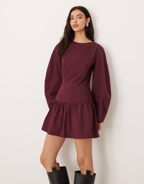 ASOS DESIGN - Mini jurk met verlaagde taille en cocoonmouwen in paarsrood - view 1