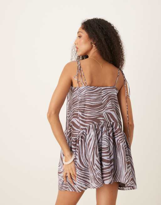 ASOS DESIGN - Mini jurk met verlaagde taille en zebraprint in bruin en blauw, 3 van 4