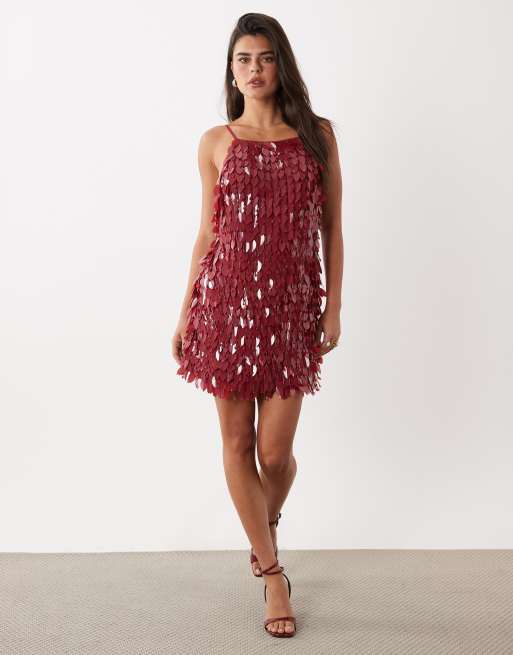 ASOS DESIGN mini jurk met versiering en kralen in diep rood, 4 van 4