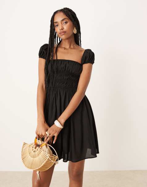 ASOS DESIGN - Mini-jurk met vierkante hals en bandjes met rimpeleffect in de taille in zwart - view 1