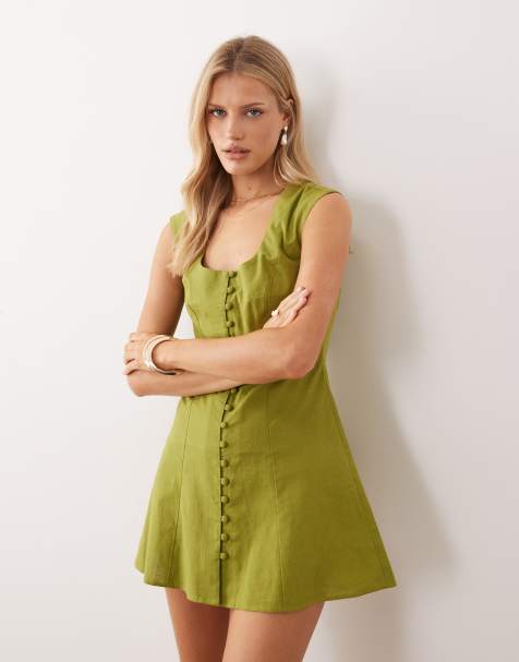 ASOS DESIGN - Mini jurk met vierkante hals en knoopsluiting in donker limoengroen - view 1