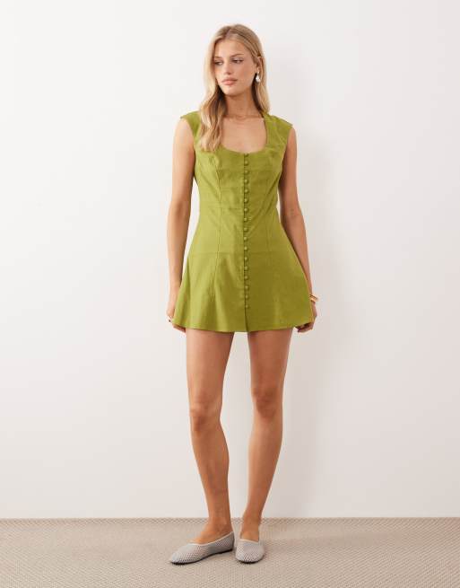ASOS DESIGN - Mini jurk met vierkante hals en knoopsluiting in donker limoengroen , 4 van 4