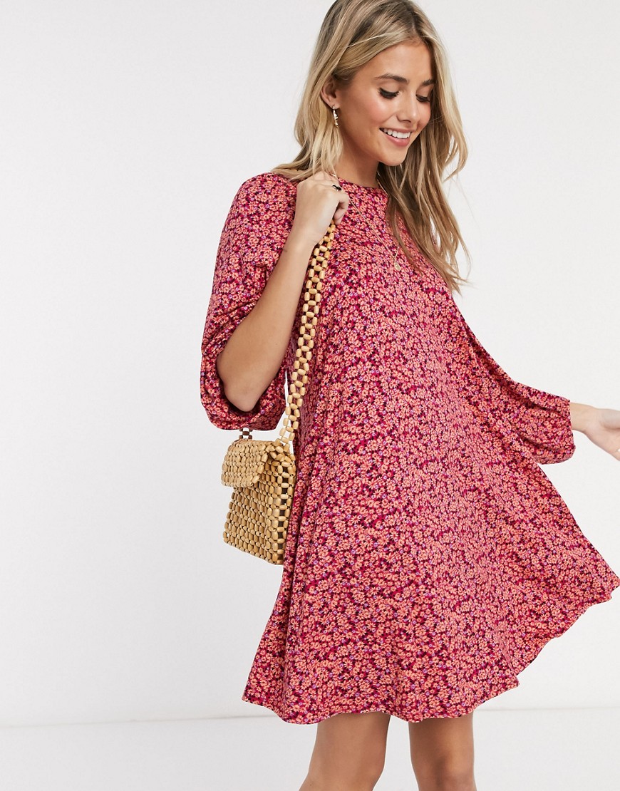 ASOS DESIGN - Mini-jurk met volumineuze mouwen en bloemenprint in roze-Multi