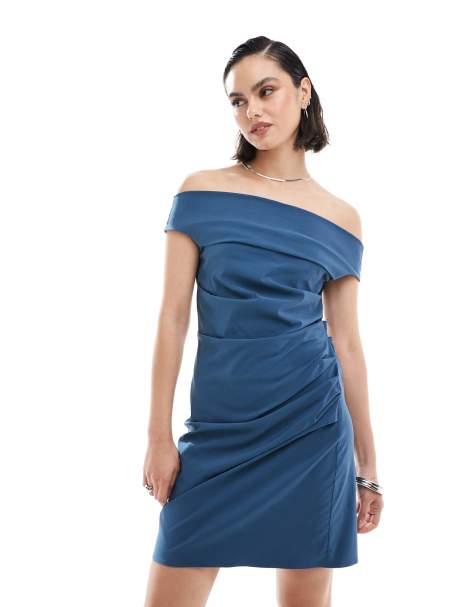 ASOS DESIGN - Mini-jurk van bengaline met blote schouders in denim blauw - view 1