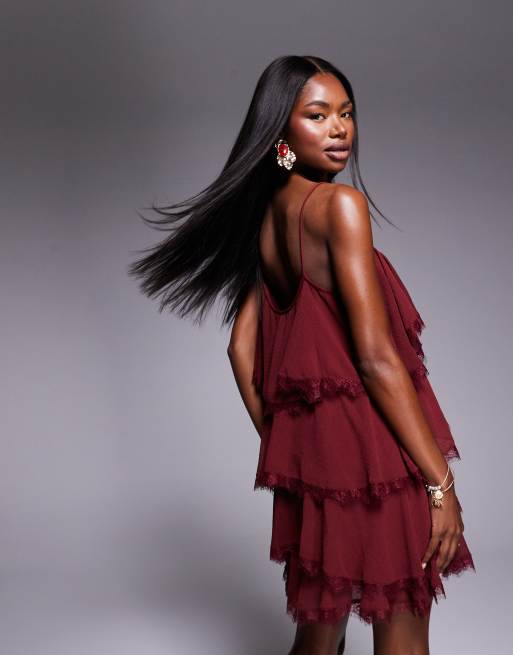 ASOS DESIGN - Mini jurk van chiffon en kant met ruches en stroken in donker kersenrood, 3 van 4