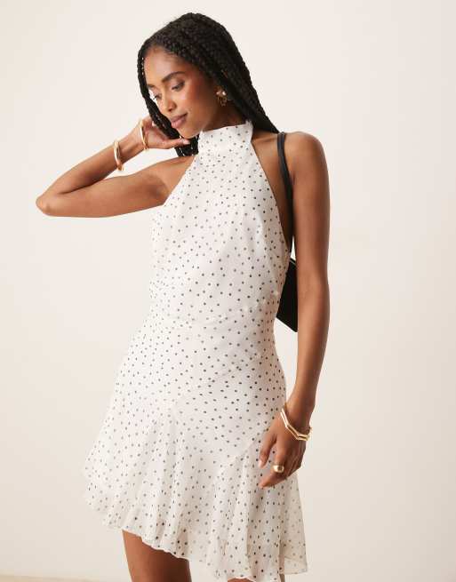 ASOS DESIGN - Mini jurk van chiffon met gestrikte hals en godet zoom in stippenprint, 2 van 4