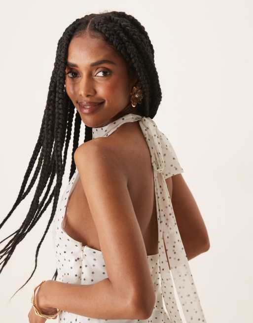 ASOS DESIGN - Mini jurk van chiffon met gestrikte hals en godet zoom in stippenprint, 4 van 4