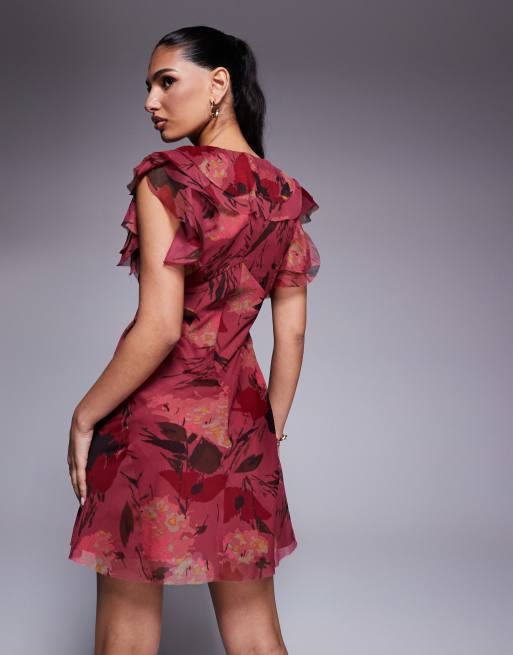 ASOS DESIGN - Mini jurk van chiffon met ruches in roze bloemenprint, 4 van 4