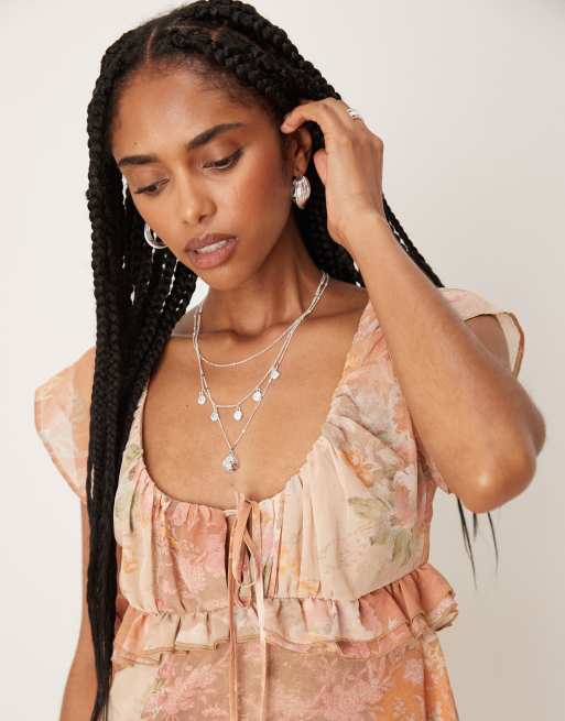 ASOS DESIGN - Mini-jurk van chiffon met uitlopende mouwen en bloemenprint, 2 van 4