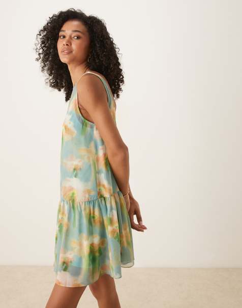 ASOS DESIGN - Mini jurk van chiffon met verlaagde taille in bloemenprint - view 1