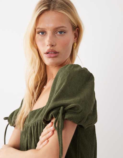 ASOS DESIGN - Mini jurk van corduroy met vierkante hals in olijfgroen, 4 van 4
