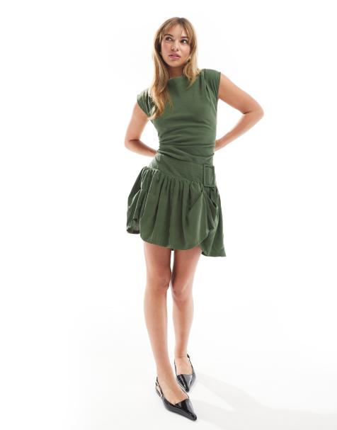 ASOS DESIGN - Mini-jurk van cupro met gedrapeerde halslijn en ongelijke zoom in donkergroen - view 1