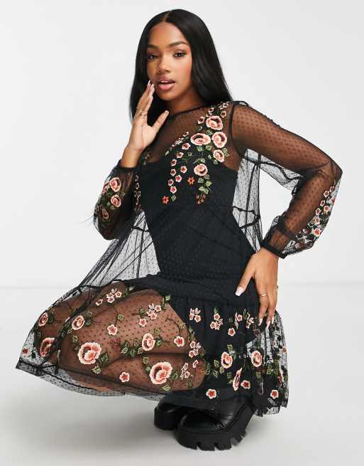 ASOS DESIGN - Mini jurk van dobby mesh met lange mouwen en borduursels in zwart