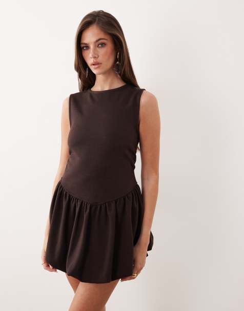 ASOS DESIGN - Mini-jurk van interlock met verlaagde taille en pofzoom in chocoladebruin - view 1