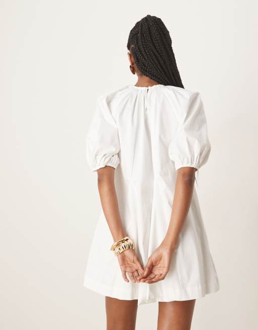 ASOS DESIGN - Mini jurk van katoenen popeline met pofmouwen in wit, 4 van 4