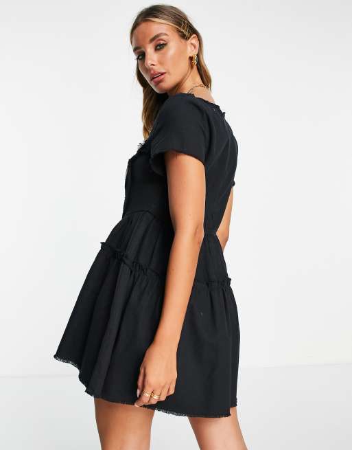 ASOS DESIGN - Mini jurk van keperstof met vierkante hals, korset en onafgewerkte randen in zwart, 2 van 4