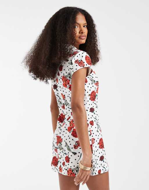 ASOS DESIGN - Mini jurk van linnenmix met keyhole-uitsnijding, bloemen en stippenprint, 4 van 4