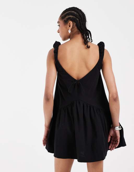 ASOS DESIGN - Mini jurk van linnenmix met pofmouwen in zwart, 3 van 4