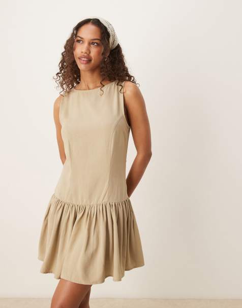 ASOS DESIGN - Mini jurk van linnenmix met verlaagde taille in saliegroen - view 1