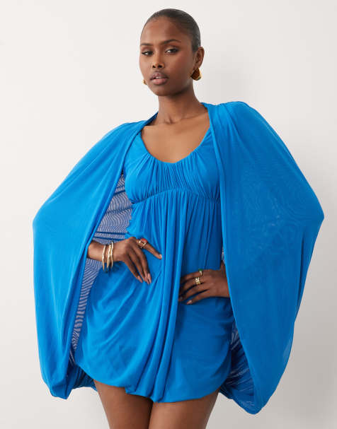 ASOS DESIGN - Mini jurk van mesh met bubbel-cape in blauw - view 1