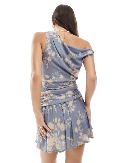 ASOS DESIGN - Mini-jurk van mesh met verlaagde schouder in blauwe print, 2 van 4