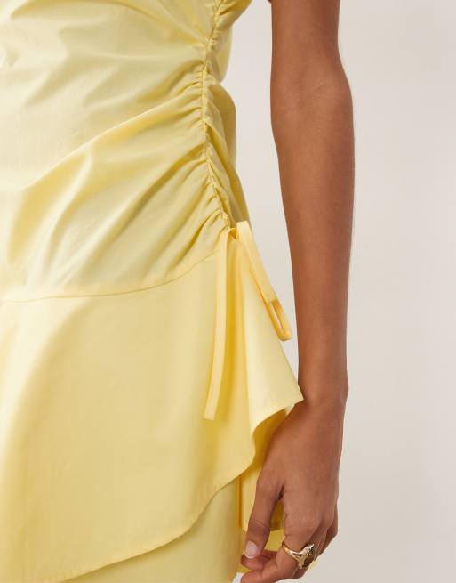 ASOS DESIGN - Mini-jurk van popeline met korte mouwen en gerimpelde gestrikte taille in botergeel, 3 van 4