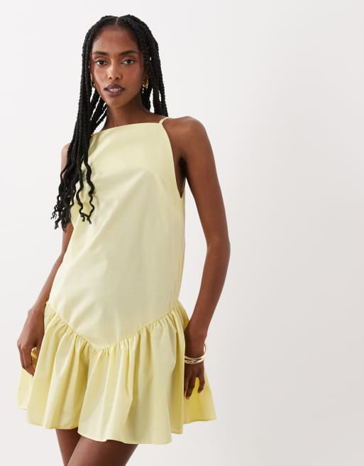 ASOS DESIGN - Mini jurk van popeline met rechte hals en verlaagde taille in citroengeel, 3 van 4